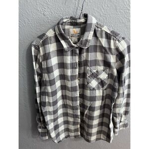 Field & Stream Women's Flannel Shirt Large Button‎ Up Pocket Gray White Plaid